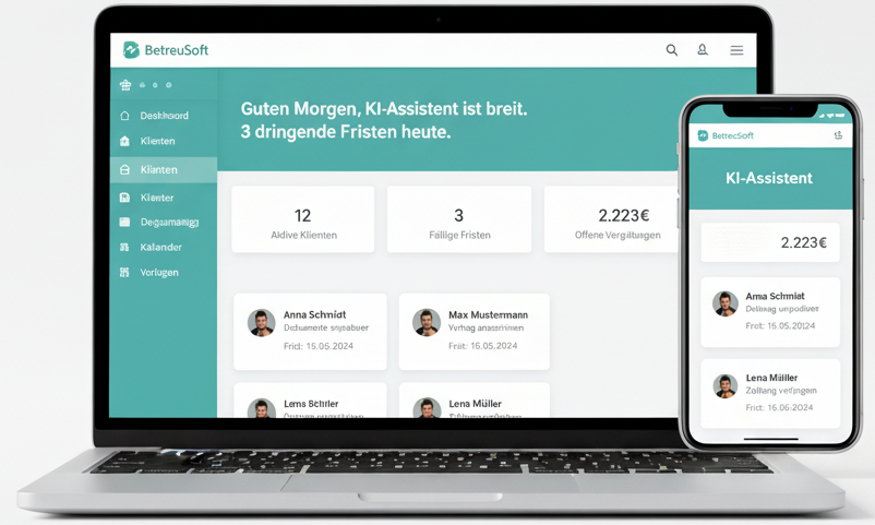 BetreuSoft Dashboard auf Laptop und Smartphone — KI-Assistent, Klientenübersicht, Fristenmanagement